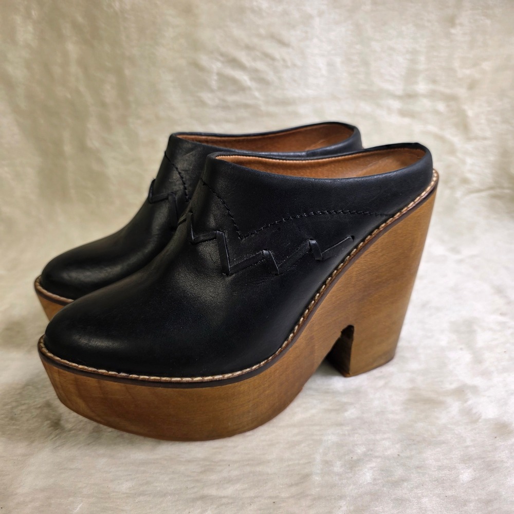 Free People Leather Platform Clogs Black Wooden Wedge Chunky Womens 38 7